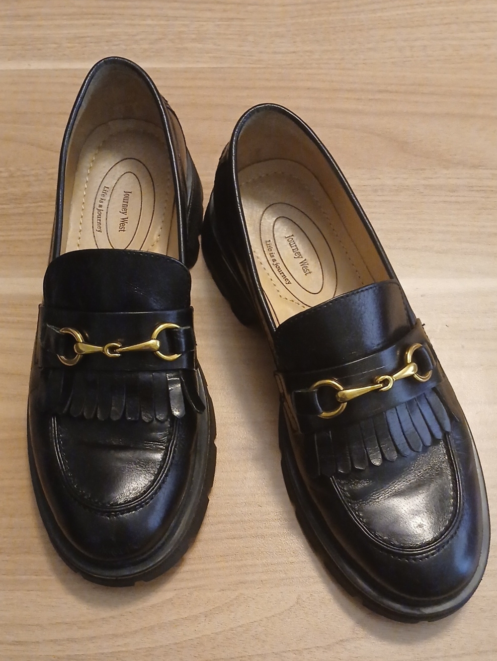 Journey West Black Leather Loafers with Gold Bit and Fringe in Size 7.5M